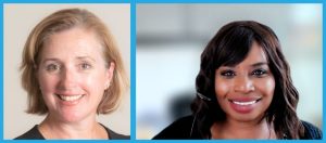 A collage of two women. On the left is Elizabeth Benton. a white middle-aged woman with blonde hair the ends a little before her chin. She wears a black, sleeveless blouse and smiles. On the right is Charmaine Weston. She is a Black middle-aged woman, with wavy hair past her shoulders that she wears down. She smiles. She wears a black cardigan over a black and white patterned top.