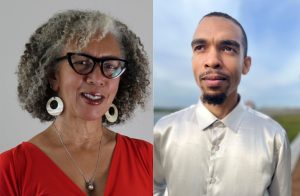 A collage of Carole Boston Weatherford on one side and Jeffery Boston Weatherford on the other. Carole B is an older Black woman with shoulder-length kinky hair, the top of which is gray. She wears a red long-sleeved top and thick black-rimmed glasses. Jeffery is a young or middle-aged Black man. He wears a satiny white button-down shirt. The photo has him outside in front of a blue, cloudy sky. We see trees and grass faintly in the background.